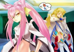  2girls animal_ears arc_system_works artist_request blazblue blonde_hair blush cape cat_ears cat_eyes cat_tail cosplay crotch_plate female green_eyes kneehighs kokonoe labcoat long_hair midriff mu-12 mu-12_(cosplay) multiple_girls multiple_tails noel_vermillion open_mouth orange_eyes pink_hair ponytail red_ribbon ribbon shoulder_pads slit_pupils tail yellow_ribbon 