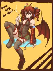  bat_wings border breasts cigarette cleavage commentary_request crossover detached_sleeves drill_hair english_text female kakkou_(su) kasane_teto mario_(series) medium_breasts nail_polish piranha_plant red_hair solo tattoo thighhighs twin_drills twintails utau wings 