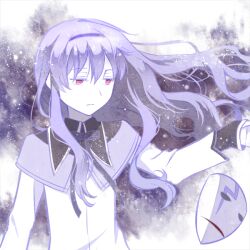  akemi_homura akemi_homura_(cosplay) akemi_homura_(magical_girl) capelet commentary_request cosplay darker_than_black female grey_hair hair_down hairband headband long_hair magical_girl mahou_shoujo_madoka_magica mahou_shoujo_madoka_magica_(anime) mask parody photoshop_(medium) purple_eyes ribbon solo upper_body wooga yin_(darker_than_black) 