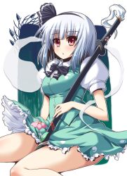  :o black_hairband blush bow bowtie breasts dress_shirt female ghost hairband hitodama katana konpaku_youmu konpaku_youmu_(ghost) medium_breasts red_eyes scabbard sheath sheathed shinshin shirt short_hair sitting skirt solo sword touhou vest weapon white_hair 