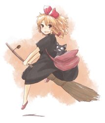  bag black_dress blonde_hair blush braid broom broom_riding commentary_request cosplay dress female hair_ribbon kaenbyou_rin kaenbyou_rin_(cat) kiki_(majo_no_takkyuubin) kiki_(majo_no_takkyuubin)_(cosplay) kirisame_marisa lockheart majo_no_takkyuubin no_headwear open_mouth ribbon shoulder_bag smile solo touhou witch yellow_eyes 