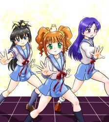  3girls animal animal_on_head black_hair blue_eyes blue_hair blue_sailor_collar blue_skirt brown_eyes brown_hair commentary_request cosplay dancing ganaha_hibiki green_eyes hamster hamster_on_head hamuzou hare_hare_yukai highres hoshikawa_tsukimi idolmaster idolmaster_(classic) kisaragi_chihaya kita_high_school_uniform long_hair multiple_girls on_head ponytail sailor_collar school_uniform serafuku skirt suzumiya_haruhi_no_yuuutsu takatsuki_yayoi twintails winter_uniform 