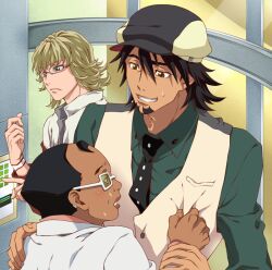  3boys bad_id bad_pixiv_id barnaby_brooks_jr. blonde_hair brown_eyes brown_hair cabbie_hat facial_hair fat fat_man glasses green_eyes hat jacket kaburagi_t._kotetsu lab_coat male_focus mizuno_poppo multiple_boys necktie nervous red_jacket saitou_(tiger_&amp;_bunny) stubble sweatdrop tears tiger_&amp;_bunny vest waistcoat 