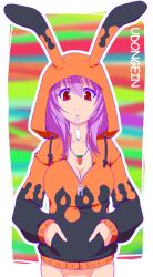  animal animal_ears bad_id bad_pixiv_id bottomless breasts cleavage commentary_request female groin hayashi_custom hood hoodie medium_breasts mouth_hold photoshop_(medium) purple_hair red_eyes reisen_udongein_inaba solo touhou 