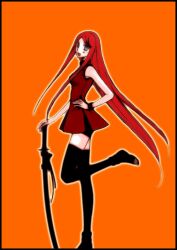  black_legwear blue_eyes hand_on_hip hips long_hair naruto naruto_shippuuden pii_(xpxpxpxp) red_hair solo standing sword thighhighs uzumaki_kushina weapon 