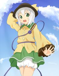  bad_id bad_pixiv_id black_hat bloomers buttons diamond_button female frilled_sleeves frills goro green_eyes green_skirt hat komeiji_koishi long_sleeves shirt skirt solo third_eye touhou underwear white_bloomers white_hair yellow_shirt 