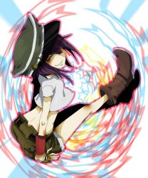  boots female food gorillaz hat looking_at_viewer midriff noodle noodle_(gorillaz) noodles purple_hair short_hair shorts small_breasts smile smirk solo 