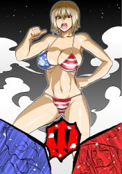  american_flag american_flag_bikini american_flag_print awashima bikini blonde_hair brown_eyes commentary_request female flag_print hokuto_(tokuho) legs_apart nurarihyon_no_mago print_bikini short_hair solo swimsuit 