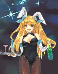  :d aizawa_hikaru alcohol animal_ears bad_id bad_pixiv_id black_pantyhose blonde_hair blue_eyes blush breasts cleavage cleavage_cutout clothing_cutout commentary_request detached_sleeves female hairband large_breasts long_hair looking_at_viewer martini microsoft nove_(legge) open_mouth pantyhose partial_commentary playboy_bunny rabbit_ears silverlight smile solo thigh_gap tray waitress 