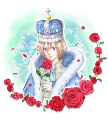  1boy arched_crown ascot bad_id bad_pixiv_id bishounen blue_crown brown_hair colored_eyelashes crown flower gem gloves highres jeweled_crown king male_focus mismatched_eyelashes original petals purple_eyes red_flower red_rose rose rose_petals solo white_gloves yuuhi_(yukivivi) 