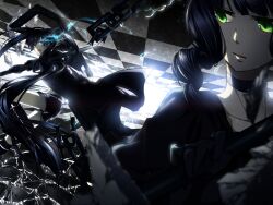  2girls bikini bikini_top_only black_hair black_rock_shooter black_rock_shooter_(character) blue_eyes boots chains coat commentary_request dead_master flaming_eye green_eyes highres horns long_hair multiple_girls rituiti shorts swimsuit twintails very_long_hair 