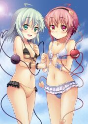  2girls ahoge bad_id bad_pixiv_id bikini bikini_skirt blush eyeball flat_chest front-tie_top green_eyes grey_hair heart heart_of_string highres holding_another&#039;s_wrist jewelry komeiji_koishi komeiji_satori lens_flare multiple_girls navel pendant pink_hair purple_hair rasahan short_hair siblings sisters sun swimsuit third_eye touhou wrist_cuffs 