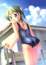  :d absurdres ass black_hair blue_eyes blush cloud day dutch_angle faucet female from_behind highres looking_back one-piece_swimsuit open_mouth original pool pool_ladder school_swimsuit shiny_clothes sky smile solo swimsuit takoyaki_(roast) twintails wet wet_clothes 