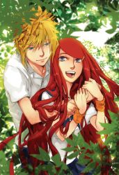  :d blonde_hair blue_eyes hair_ornament hairclip happy hinell hinell06 hug hug_from_behind long_hair namikaze_minato naruto naruto_shippuuden open_mouth red_hair short_hair smile uzumaki_kushina very_long_hair 