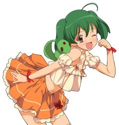  ;d a1_(initial-g) absurdres ahoge ai-kun alien bare_shoulders blush brown_eyes clenched_hand female green_hair highres leaning_forward macross macross_frontier midriff oerba_yun_fang one_eye_closed open_mouth photoshop_(medium) ranka_lee ribbon short_hair short_twintails simple_background skirt smile solo twintails vajra_(macross) 