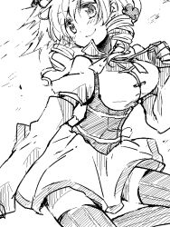  breasts bustier commentary_request drill_hair female greyscale hair_ornament large_breasts lingerie magical_girl mahou_shoujo_madoka_magica mahou_shoujo_madoka_magica_(anime) monochrome myama solo striped_clothes striped_thighhighs thighhighs tomoe_mami tomoe_mami_(magical_girl) twin_drills twintails underwear 