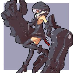  ankle_boots armpits black_rock_shooter boots commentary_request female hood hoodie kakikukeko mechanical_arms orange_eyes short_hair single_mechanical_arm solo strength_(black_rock_shooter) tail thighhighs white_hair 