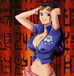  arms_up belly_button black_hair blue_shirt breasts center_opening cleavage crop_top female floral_print flower glasses glasses_on_head hair_slicked_back hand_on_head hands_on_head huge_breasts large_breasts long_hair looking_at_viewer lowleg midriff navel nico_robin nico_robin_2y no_bra one_piece open_clothes open_mouth open_shirt pink_skirt purple_eyes revealing_clothes sarong shiny shiny_hair shirt short_sleeves skirt smile solo sun_glasses sunglasses sunglasses_on_head teeth unzipped upper_body zipper 