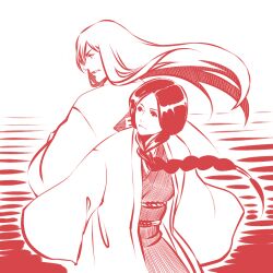  1boy back-to-back bad_id bad_pixiv_id bleach braid coat female front_braid japanese_clothes kimono ktsis long_hair monochrome overcoat red_theme single_braid ukitake_juushirou unohana_retsu 