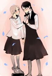  2girls aoi_hana black_hair blonde_hair blush braid character_request female glasses height_difference manjoume_fumi multiple_girls okudaira_akira school_uniform twin_braids yuri 