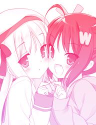  2girls :&lt; :d ahoge cheek-to-cheek commentary_request hair_ornament hat hazuki_watora heads_together holding_hands hood hoodie interlocked_fingers kani_biimu lowres monochrome multiple_girls oerba_yun_fang open_mouth original school_uniform serafuku shimotsuki_potofu smile 