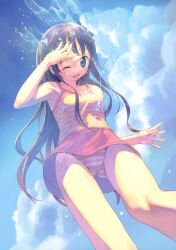  :d ;d absurdres bare_legs bare_shoulders blue_eyes blue_sky blush brown_hair camisole casual_one-piece_swimsuit cloud day female foreshortening highres long_hair looking_down multicolored_stripes non-web_source one-piece_swimsuit one_eye_closed open_mouth original scan skirt sky smile solo splashing striped_clothes striped_one-piece_swimsuit swimsuit swimsuit_under_clothes takoyaki_(roast) upskirt water 