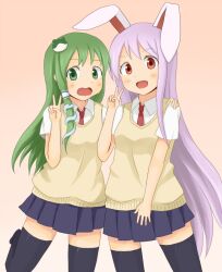  2girls animal_ears bad_id bad_pixiv_id goro green_eyes green_hair kochiya_sanae multiple_girls purple_hair rabbit_ears red_eyes reisen_udongein_inaba school_uniform touhou v 