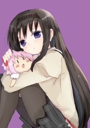  akemi_homura black_hair black_pantyhose blush_stickers character_doll commentary_request doll female hairband highres hugging_doll hugging_object kaname_madoka long_hair mahou_shoujo_madoka_magica mahou_shoujo_madoka_magica_(anime) mitakihara_school_uniform natsu_(norari_kurari) pantyhose purple_eyes school_uniform simple_background sitting solo 