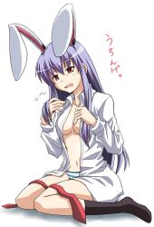  animal_ears black_socks breasts commentary_request dress_shirt drooling female long_hair medium_breasts navel no_bra no_pants open_clothes open_shirt panties photoshop_(medium) purple_hair rabbit_ears red_eyes reisen_udongein_inaba rimibure shirt sitting socks solo striped_clothes striped_panties touhou underwear wariza 