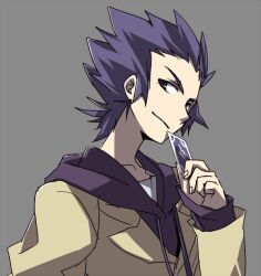  1boy bad_id bad_pixiv_id card danball_senki grey_background holding holding_card male_focus mudo_(saji) purple_eyes purple_hair sendou_daiki solo 