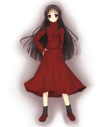  alma_(f.e.a.r.) animification black_hair black_socks commentary_request dress f.e.a.r. female hand_on_own_hip long_hair mary_janes niboss red_dress red_eyes shoes socks solo 