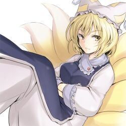  blonde_hair courreges_ace crossed_arms female fox_tail hands_in_opposite_sleeves hat lowres multiple_tails photoshop_(medium) short_hair simple_background smirk solo tail touhou yakumo_ran yellow_eyes 