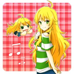  afuu ahoge bad_id bad_pixiv_id blonde_hair chibi dual_persona female food green_eyes hoshii_miki idolmaster idolmaster_(classic) kisaragi_ichigo long_hair musical_note onigiri photoshop_(medium) plaid puchimasu! shirt smile striped 