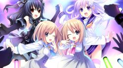  4girls black_hair black_sister blue_eyes choujigen_game_neptune choujigen_game_neptune_mk2 compile_heart highres idea_factory long_hair multiple_girls nepgear neptune_(series) one_eye_closed pink_hair purple_eyes purple_sister ram_(choujigen_game_neptune) red_eyes rom_(choujigen_game_neptune) siblings tsunako twins uni_(choujigen_game_neptune) white_sister_ram white_sister_rom 