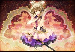  bad_id bad_pixiv_id blonde_hair brown_eyes dress earmuffs female neck_ribbon ribbon ritual_baton sash scabbard sheath sheathed shiyun short_hair skirt sleeveless solo sword touhou toyosatomimi_no_miko weapon yellow_eyes 