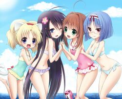  4girls alma_(jewelpet_twinkle) animal_ears bad_id bad_pixiv_id bikini black_hair blonde_hair blue_eyes blue_hair brown_hair casual_one-piece_swimsuit cat_ears dolphin eyelashes green_eyes highres jewelpet_(series) jewelpet_twinkle long_hair miria_marigold_mackenzie multiple_girls oerba_yun_fang one-piece_swimsuit red_eyes sakura_akari sara_(jewelpet_twinkle) short_hair side_ponytail swimsuit twintails yuu_(derodero) 