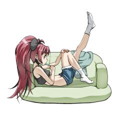  bad_id bad_pixiv_id blue_shorts breasts cometch couch female food long_hair lying mahou_shoujo_madoka_magica mahou_shoujo_madoka_magica_(anime) medium_breasts midriff ponytail popsicle profile red_eyes red_hair sakura_kyoko short_shorts shorts socks solo underboob white_socks 