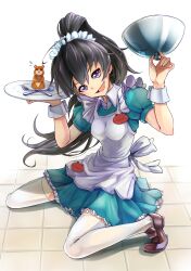  absurdres ahoge alternate_costume animal bad_id bad_pixiv_id black_hair blue_eyes enmaided female fork ganaha_hibiki hamster hamuzou highres idolmaster idolmaster_(classic) maid maid_headdress mirai_denki oerba_yun_fang open_mouth ponytail sitting solo spoon thighhighs waitress white_thighhighs 