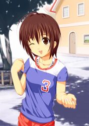  bad_id bad_pixiv_id brown_eyes brown_hair casual female mamoru_(sister_princess) mizugame one_eye_closed photoshop_(medium) short_hair sister_princess solo 