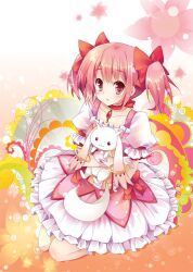  :3 :o blush bow choker commentary_request creature dress female frills gem gloves hair_ribbon hug kaname_madoka kaname_madoka_(magical_girl) kneeling kyuubee magical_girl mahou_shoujo_madoka_magica mahou_shoujo_madoka_magica_(anime) mocha_(naturefour) open_mouth photoshop_(medium) pink_eyes pink_hair ribbon short_hair short_twintails solo_focus twintails white_gloves 