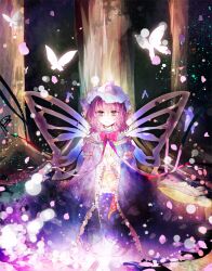  blue_eyes bug butterfly butterfly_wings commentary_request female forest frills hat insect_wings kazu_(muchuukai) light_particles nature photoshop_(medium) pink_hair saigyouji_yuyuko sitting solo touhou tree triangular_headpiece wings 