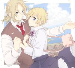  1boy axis_powers_hetalia bag beard blonde_hair blue_eyes blush cloud commentary_request day eye_contact facial_hair female france_(hetalia) hair_ornament holding_hands lisa_(hetalia) long_hair looking_at_another namo_(7-30-7) ponytail short_hair sky smile 