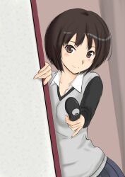  amagami black_hair blush bob_cut brown_eyes closed_mouth commentary_request cordless_phone doorway female murasaki_iro peeking_out phone pinky_out pleated_skirt short_hair skirt smile solo sweater sweater_vest tachibana_miya 