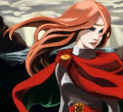  blue_eyes cape circlet closed_mouth commentary_request dress female gensou_suikoden gensou_suikoden_i long_hair odessa_silverberg red_hair sakuno_(zerobase) solo 