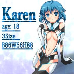  ahoge bad_id bad_pixiv_id blue_eyes blue_hair blush bodysuit breasts character_name english gloves highres measurements medium_breasts midriff narumi_karen navel original short_hair short_twintails solo sukesan twintails 