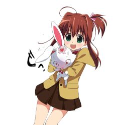  :d a1_(initial-g) absurdres ahoge blush brown_hair female green_eyes highres hug jewelpet_(series) jewelpet_twinkle open_mouth photoshop_(medium) pleated_skirt rabbit ruby_(jewelpet) sakura_akari school_uniform side_ponytail simple_background skirt smile solo_focus veins 