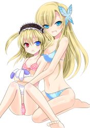  2girls :o barefoot bikini blonde_hair blue_bikini blue_eyes boku_wa_tomodachi_ga_sukunai bug butterfly butterfly_hair_ornament commentary_request hair_ornament hasegawa_kobato heterochromia highres kashiwazaki_sena long_hair multiple_girls short_hair sitting string_bikini swimsuit two_side_up uonuma_yuu wariza 