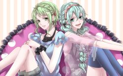  2girls aqua_eyes aqua_hair bad_id bad_pixiv_id braid gamu green_eyes green_hair gumi hairband hatsune_miku long_hair multiple_girls open_mouth sitting smile thighhighs twin_braids twintails vocaloid 