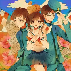  2boys bad_id bad_pixiv_id braid brown_hair female flag flower glasses gyoe japanese_flag kazama_shun kokurikozaka_kara komatsuzaki_umi mizunuma_shirou multiple_boys newspaper school_uniform serafuku twin_braids 