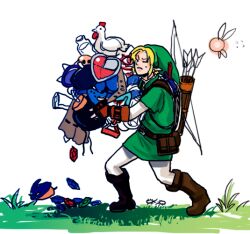  1boy arrow_(projectile) bird blonde_hair bomb bombchu boomerang bottle bow_(weapon) carrying chicken commentary_request equipment_layout explosive fairy gameplay_mechanics gloves grass hat health_bar heart instrument link male_focus map navi ocarina okada_(hoooojicha) piece_of_heart pointy_ears quiver rupee_(zelda) the_legend_of_zelda the_legend_of_zelda:_ocarina_of_time weapon white_background 